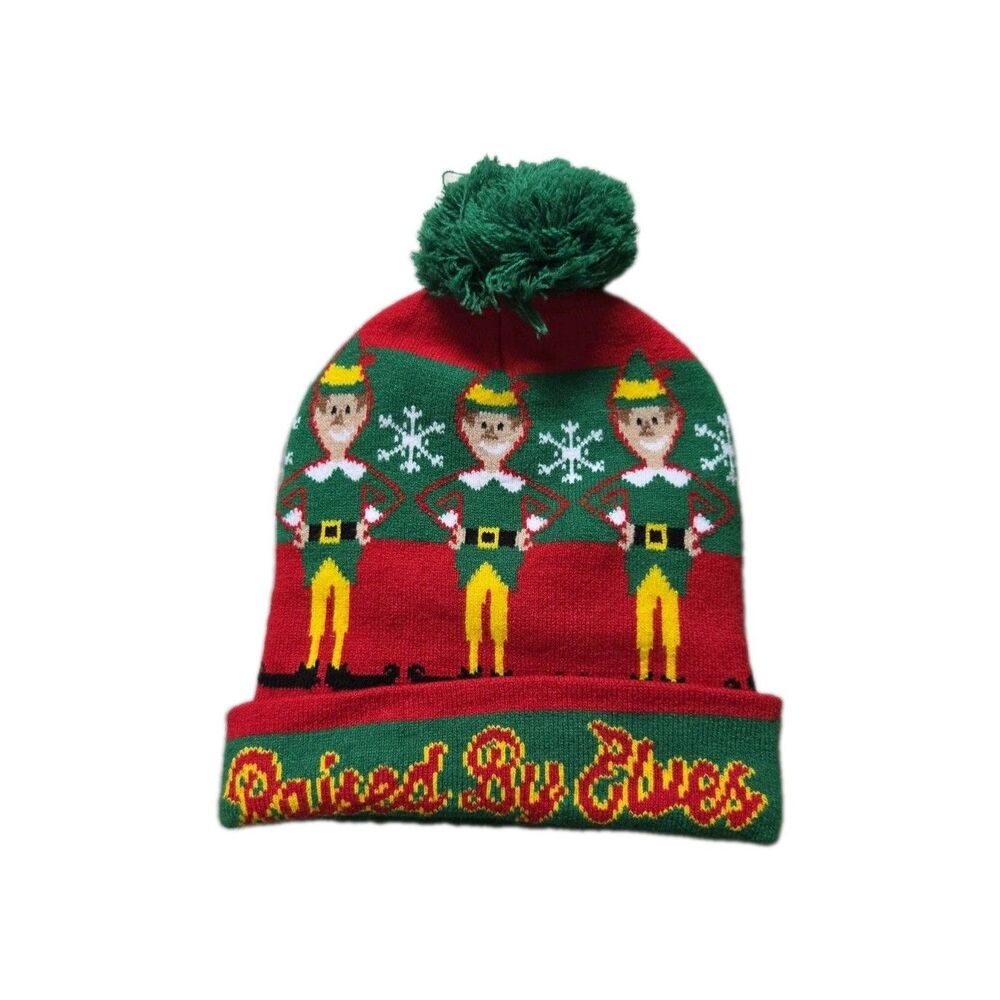 Elf Movie Raised By Elves Christmas Pom Pom Beanie Red Green One Size EUC